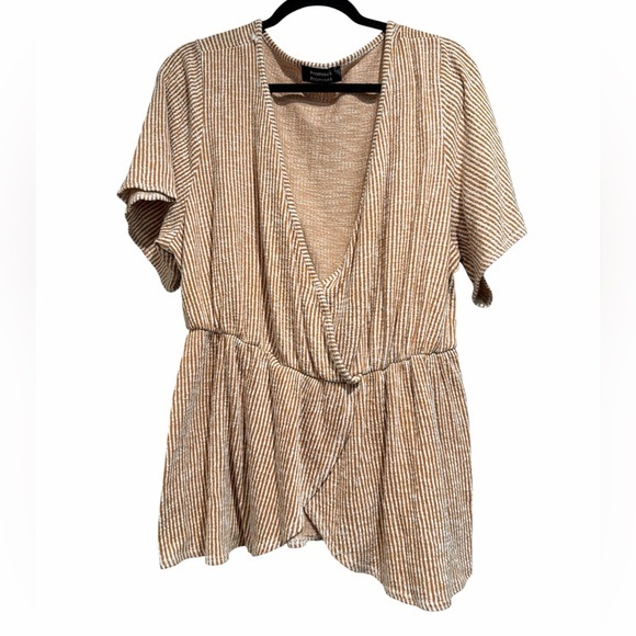 Promises Promises Tops - Elegant Striped Tan Blouse